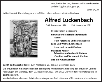 Traueranzeige von Alfred Luckenbach von Siegener Zeitung