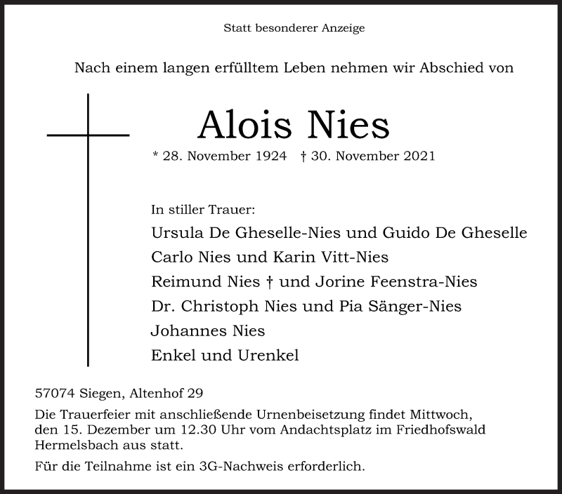  Traueranzeige für Alois Nies vom 03.12.2021 aus Siegener Zeitung