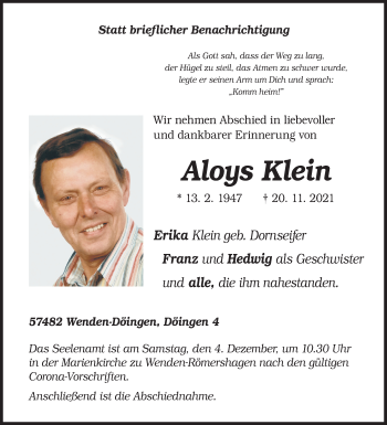 Traueranzeige von Aloys Klein von Siegener Zeitung