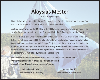 Traueranzeige von Aloysius Mester von Siegener Zeitung