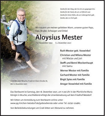 Traueranzeige von Aloysius Mester von Siegener Zeitung
