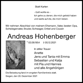 Traueranzeige von Andreas Hohenberger von Siegener Zeitung