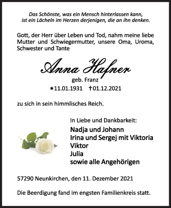 Traueranzeige von Anna Hafner von Siegener Zeitung