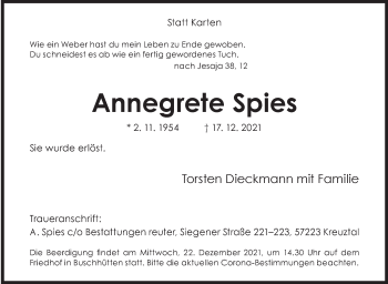 Traueranzeige von Annegrete Spies von Siegener Zeitung