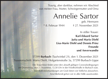 Traueranzeige von Annelie Sartor von Siegener Zeitung