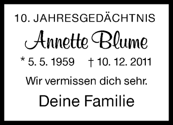 Traueranzeige von Annette Blume von Siegener Zeitung