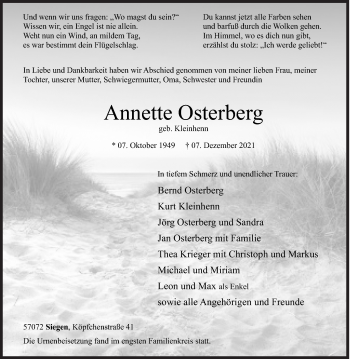 Traueranzeige von Annette Osterberg von Siegener Zeitung