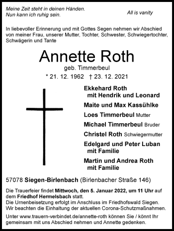 Traueranzeige von Annette Roth von Siegener Zeitung