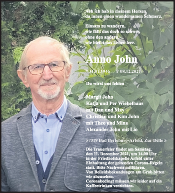 Traueranzeige von Anno John von Siegener Zeitung