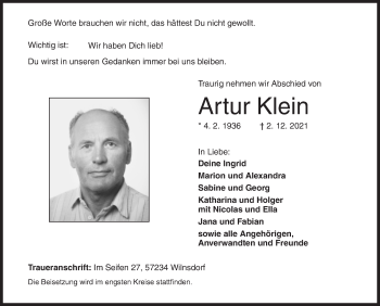 Traueranzeige von Artur Klein von Siegener Zeitung