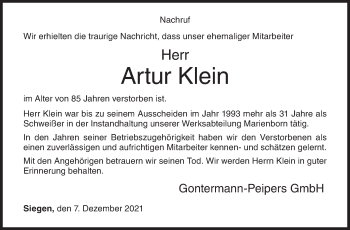 Traueranzeige von Artur Klein von Siegener Zeitung
