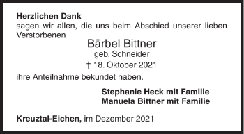 Traueranzeige von Bärbel Bittner von Siegener Zeitung