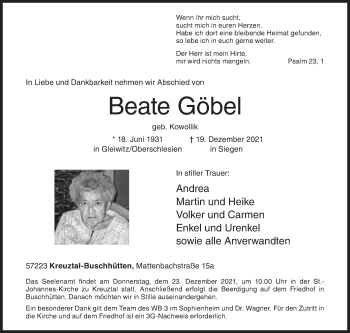 Traueranzeige von Beate Göbel von Siegener Zeitung