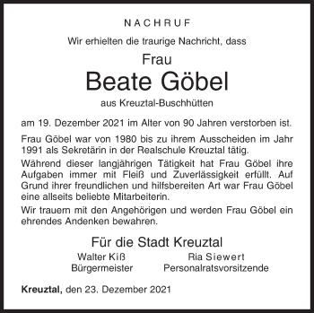 Traueranzeige von Beate Göbel von Siegener Zeitung