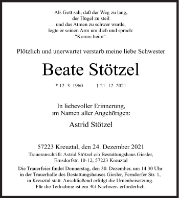 Traueranzeige von Beate Stötzel von Siegener Zeitung