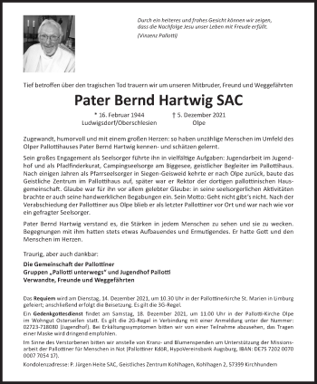Traueranzeige von Bernd Hartwig von Siegener Zeitung