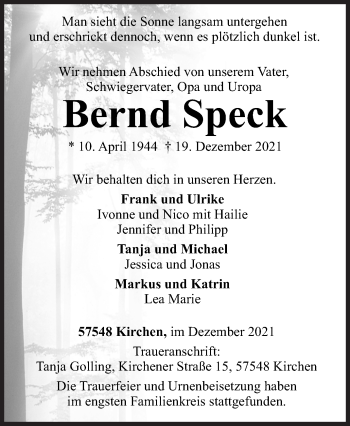 Traueranzeige von Bernd Speck von Siegener Zeitung