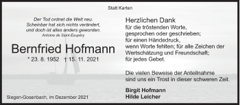 Traueranzeige von Bernfried Hofmann von Siegener Zeitung