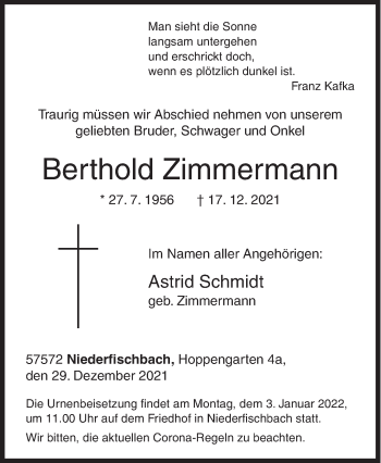 Traueranzeige von Berthold Zimmermann von Siegener Zeitung