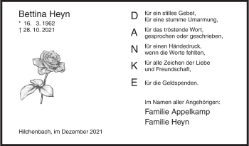 Traueranzeige von Bettina Heyn von Siegener Zeitung