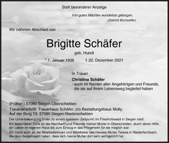 Traueranzeige von Brigitte Schäfer von Siegener Zeitung