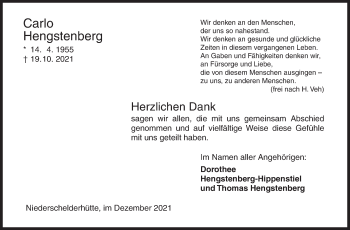 Traueranzeige von Carlo Hengstenberg von Siegener Zeitung