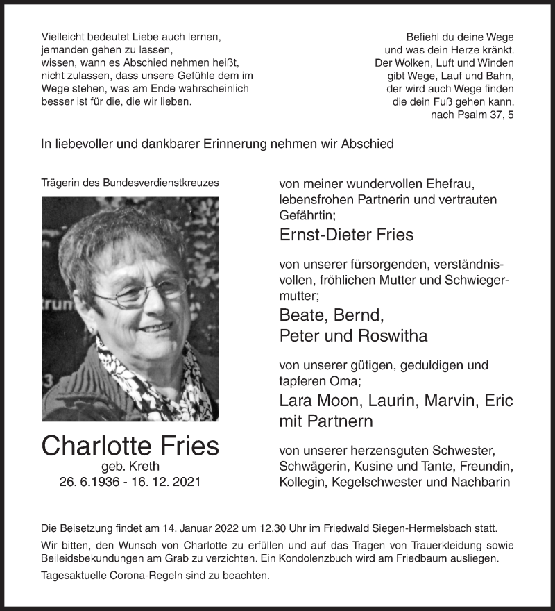  Traueranzeige für Charlotte Fries vom 28.12.2021 aus Siegener Zeitung