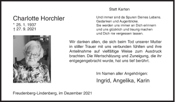 Traueranzeige von Charlotte Horchler von Siegener Zeitung