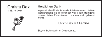 Traueranzeige von Christa Dax von Siegener Zeitung