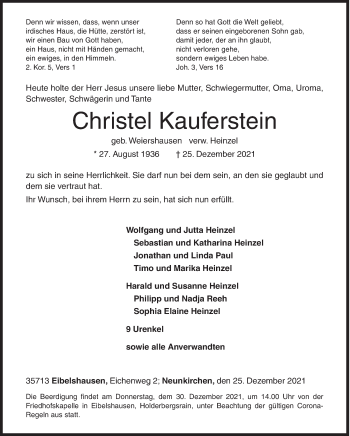 Traueranzeige von Christel Kauferstein von Siegener Zeitung
