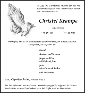 Traueranzeige von Christel Krampe von Siegener Zeitung