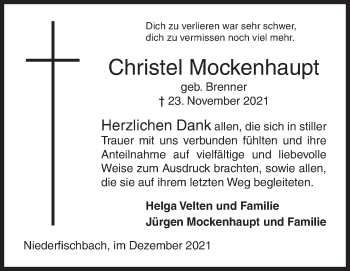 Traueranzeige von Christel Mockenhaupt von Siegener Zeitung
