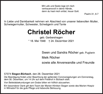 Traueranzeige von Christel Röcher von Siegener Zeitung
