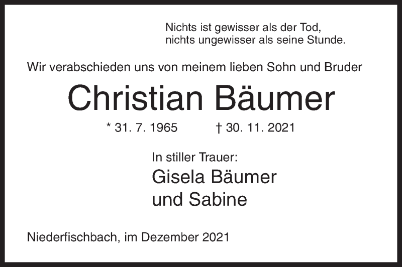  Traueranzeige für Christian Bäumer vom 09.12.2021 aus Siegener Zeitung