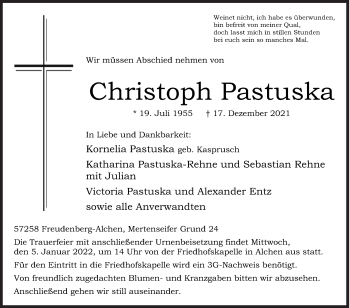 Traueranzeige von Christoph Pastuska von Siegener Zeitung