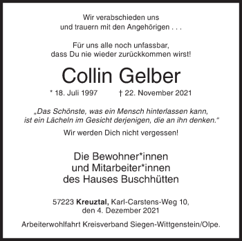 Traueranzeige von Collin Gelber von Siegener Zeitung