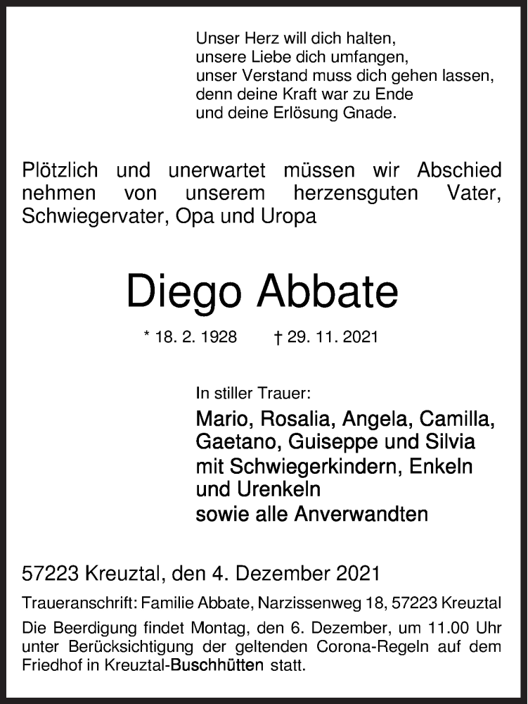  Traueranzeige für Diego Abbate vom 04.12.2021 aus Siegener Zeitung