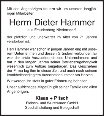 Traueranzeige von Dieter Hammer von Siegener Zeitung