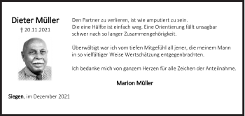 Traueranzeige von Dieter Müller von Siegener Zeitung
