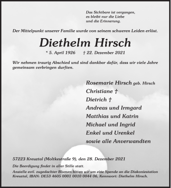 Traueranzeige von Diethelm Hirsch von Siegener Zeitung