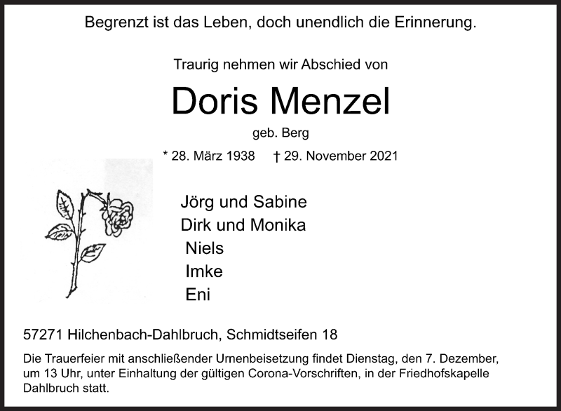  Traueranzeige für Doris Menzel vom 02.12.2021 aus Siegener Zeitung