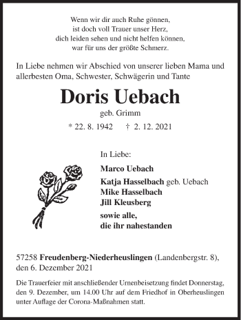 Traueranzeige von Doris Uebach von Siegener Zeitung