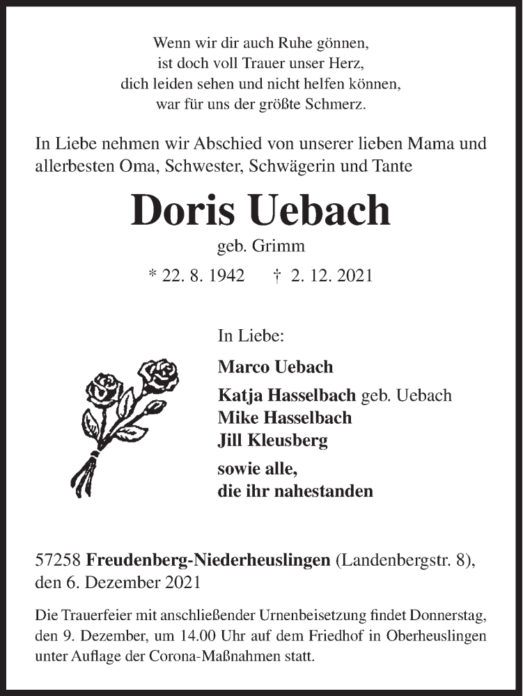  Traueranzeige für Doris Uebach vom 06.12.2021 aus Siegener Zeitung