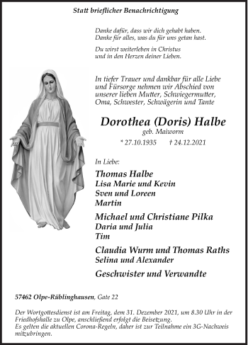 Traueranzeige von Dorothea  Halbe von Siegener Zeitung