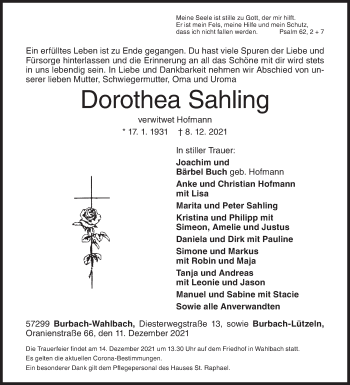 Traueranzeige von Dorothea Sahling von Siegener Zeitung