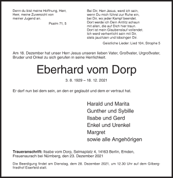 Traueranzeige von Eberhard vom Dorp von Siegener Zeitung