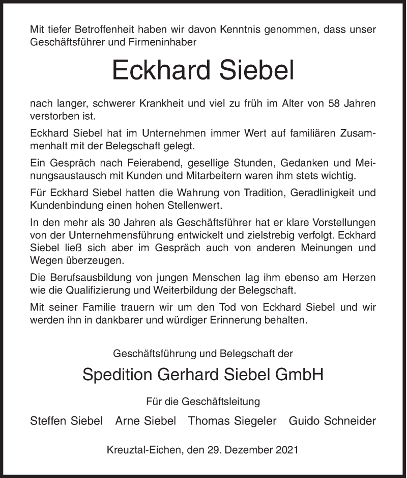  Traueranzeige für Eckhard Siebel vom 29.12.2021 aus Siegener Zeitung