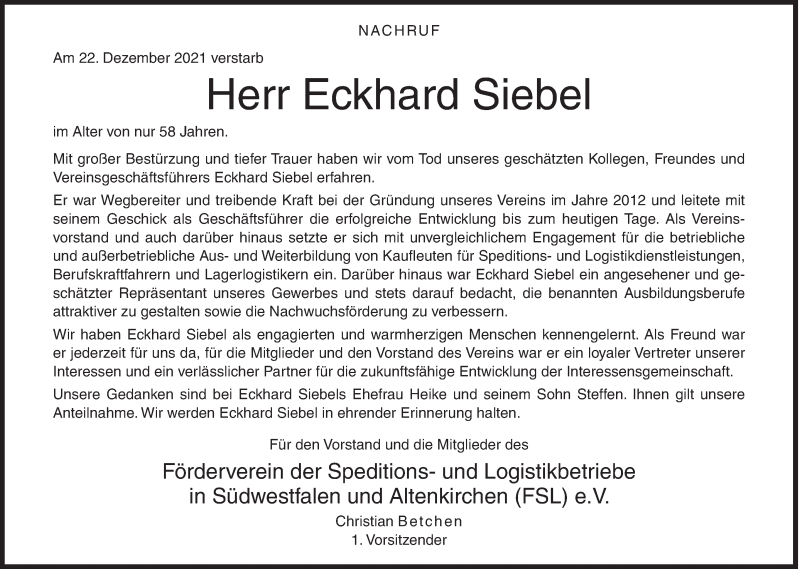  Traueranzeige für Eckhard Siebel vom 29.12.2021 aus Siegener Zeitung