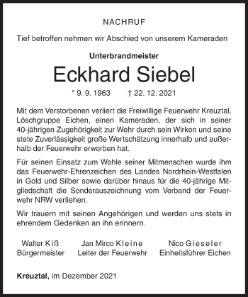 Traueranzeige von Eckhard Siebel von Siegener Zeitung