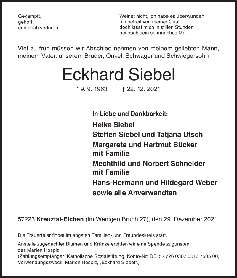  Traueranzeige für Eckhard Siebel vom 29.12.2021 aus Siegener Zeitung